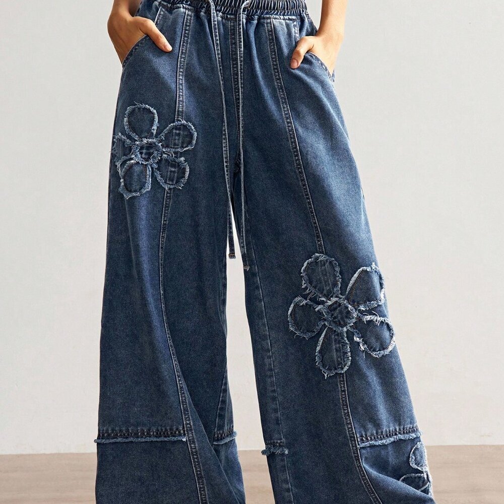 Dark Wash Women's Plus Size Casual Floral Print Drawstring Waist Wide Leg Pants - Picture 4 of 8